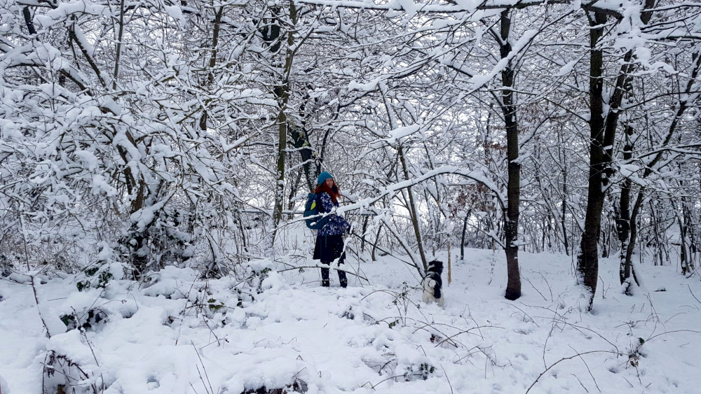 Frau mit Hund im verschneiten Wald