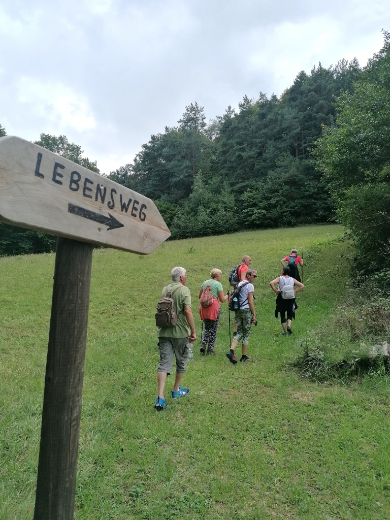 Wegweiser "Lebensweg" mit Wandergruppe von hinten