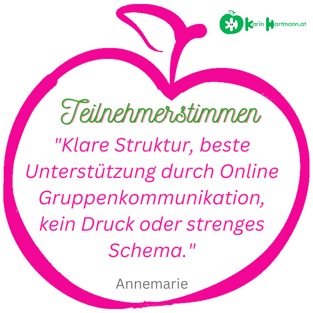 Teilnehmerstimme - Klare Struktur, beste Unterstützung durch Online Gruppenkommunikation, kein Druck oder strenges Schema