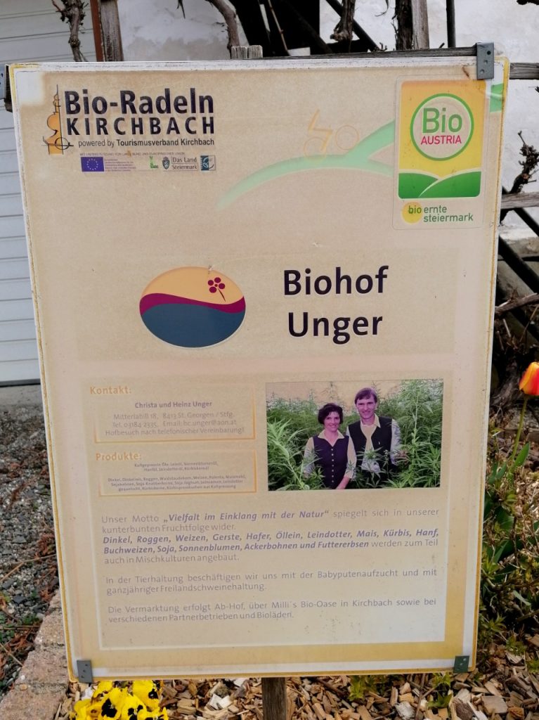 Werbetafel Biohof Unger. Diese Tafel steht vor dem Bauernhof. Darauf ist ein Foto von Frau und Herr Unger, sowie eine Betriebsbeschreibung.