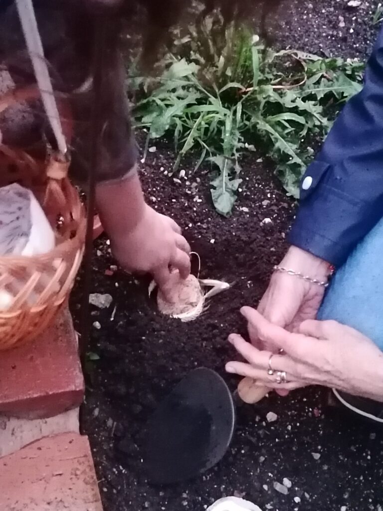 Ein kleiner Laib Brot wird im Garten vergraben