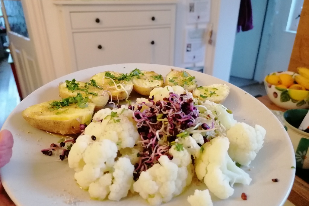 Teller mit Kartoffeln und Blumenkohl, garniert mit Petersilie, Leinöl und roten Sprossen