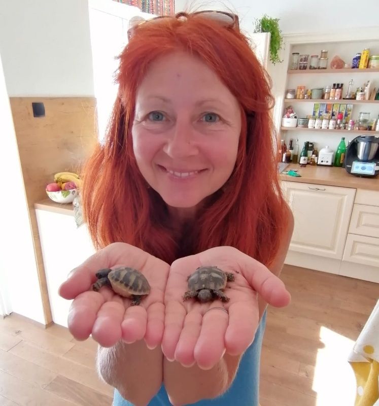 Karin mit zwei mini Baby-Schildkröten in den Händen