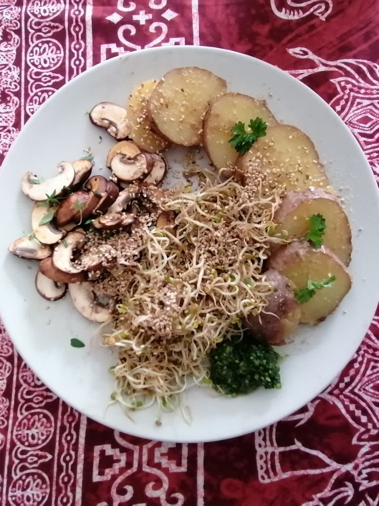 Teller mit Kartoffelscheiben, einen Klecks Bärlauchpesto, Champions und frischen Sprossen