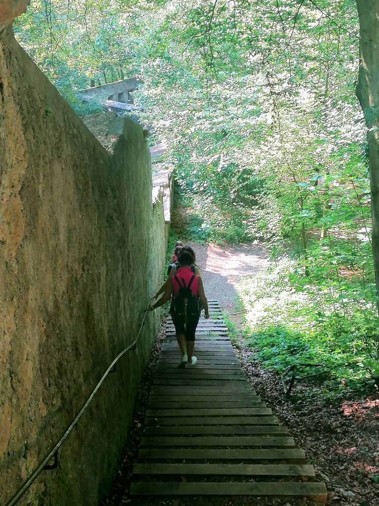 Steile Stiegen bergab, links Festungsmauer Kapuzinerberg, rechts Bäume