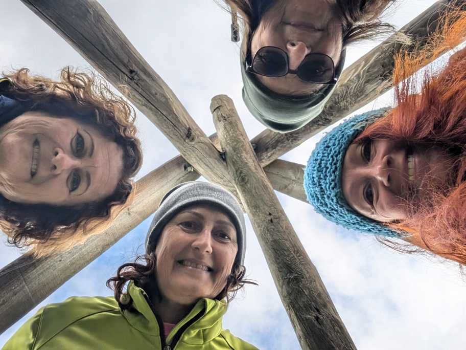 4 Köpfe, zwischen Holzpfählen nach unten schauend