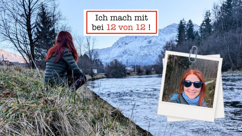 Karin hockend, am Ufer der Traun
