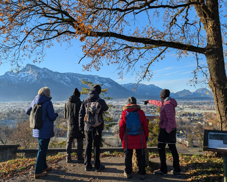 5 Teilnehmer von hinten mit Blick auf einen Berg