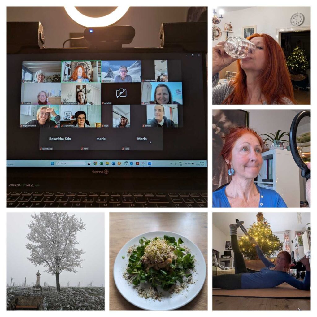 Foto Collage Zoom-Meeting, Karin beim Gesichts-Yoga, Pilates-Training mit Ring, vereister Baum und Gemüsegericht