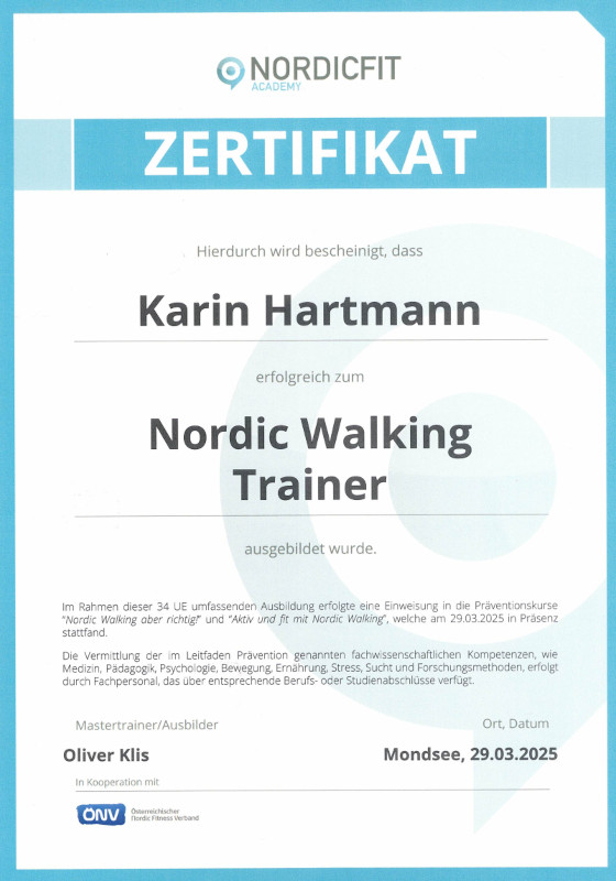 Zertifikat Nordic Walking Trainer Karin Hartmann