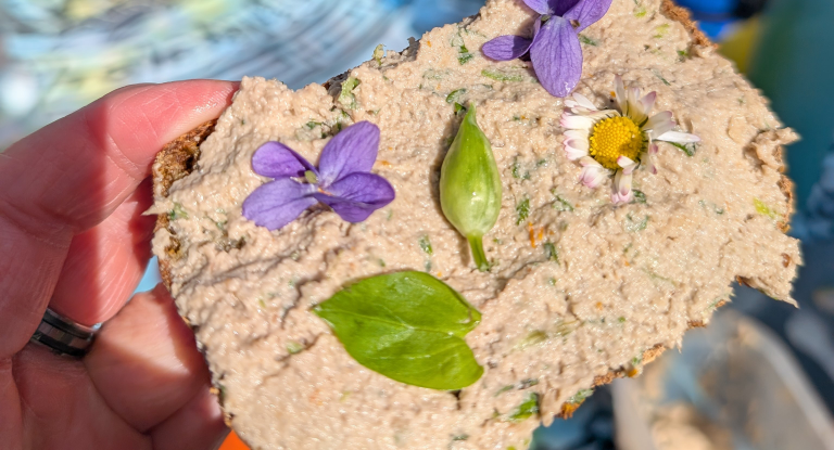 Brot mit Aufstrich und Veilchenblüten