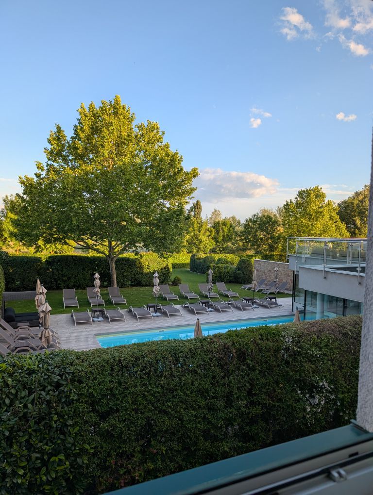 Blick aus dem Hotel Fenster Richtung Garten mit Pool