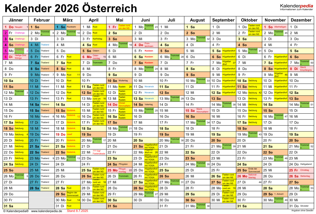 Kalender 2026 mit eingetragenen Trommelterminen in Grün