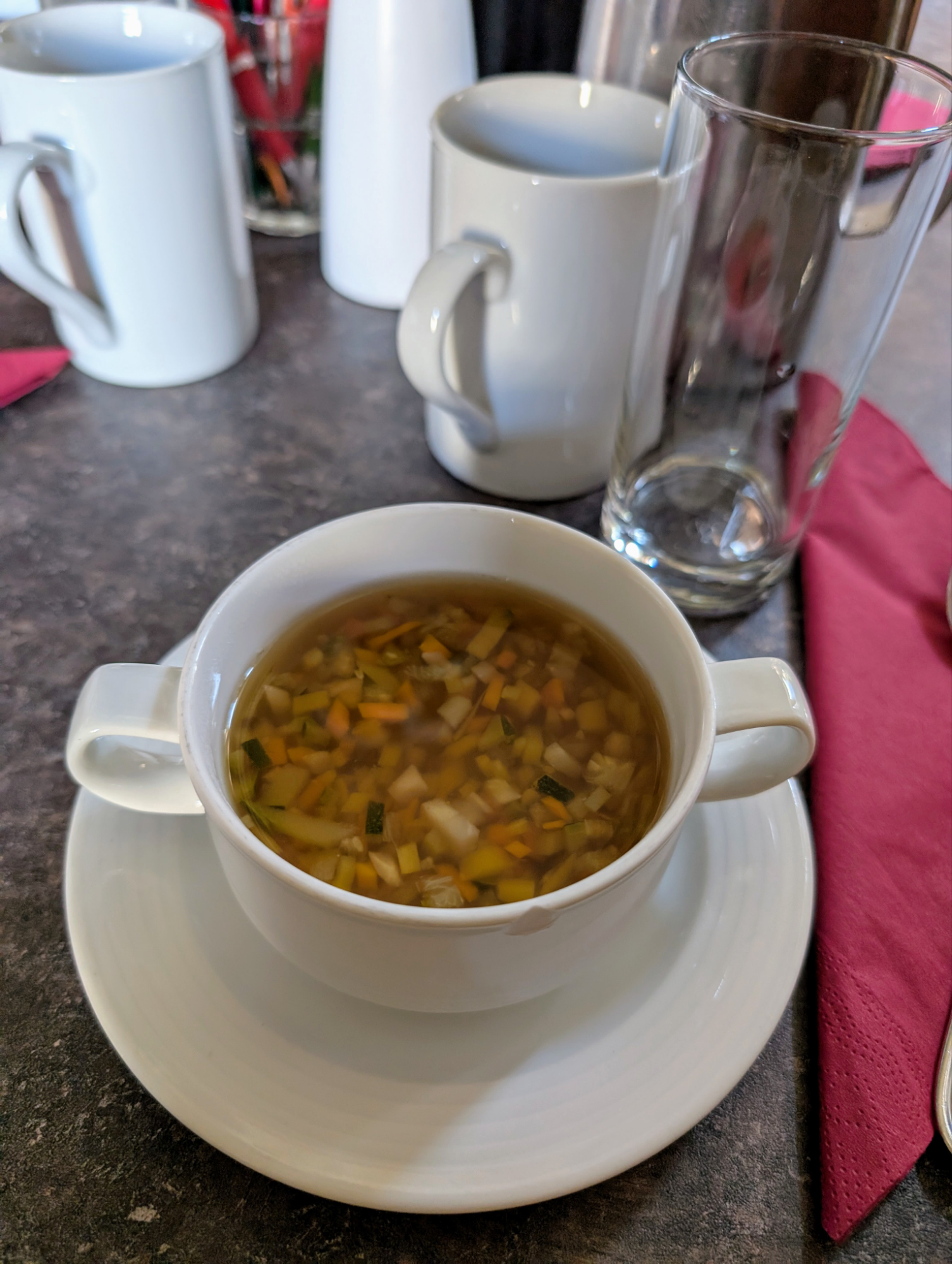 Suppenschüssel mit Suppe und Gemüsestücken