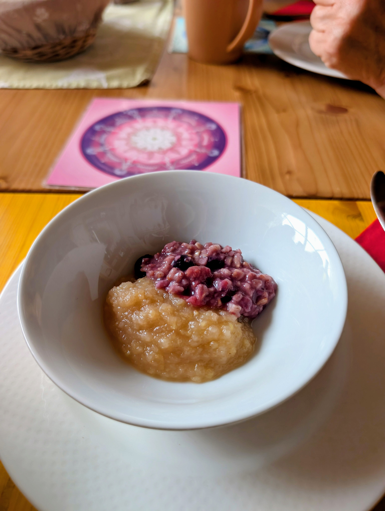 Schüssel mit Apfelmus und Haferbrei-Beeren-Gemisch