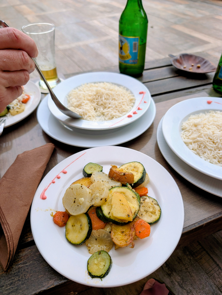 Ein Teller mit Gemüse und ein Teller mit Reis.