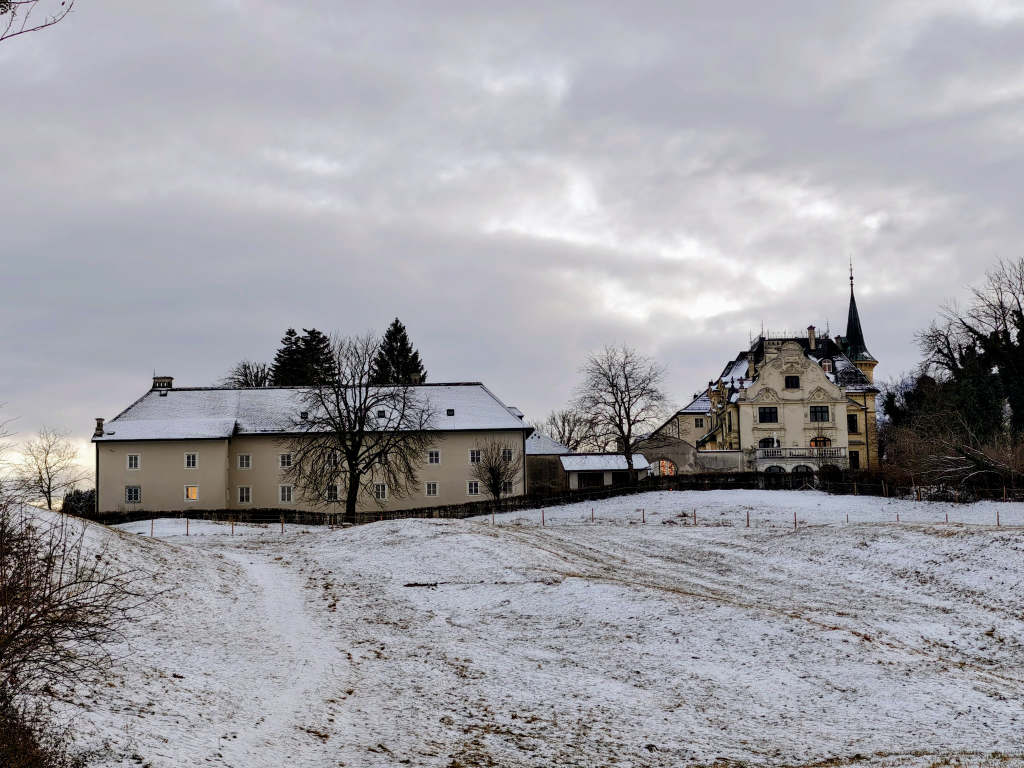 Johannes Schlössl in der Ferne, davor verschneite Wiesen