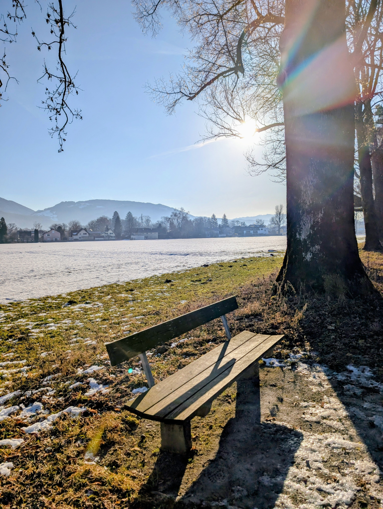 Baum, Bank, Feld mit Schnee, und in der Ferne Berge