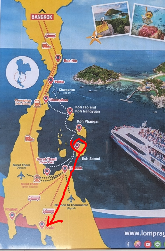 Landkarte mit eingezeichneter Reiseroute - Koh Samui nach Krabi