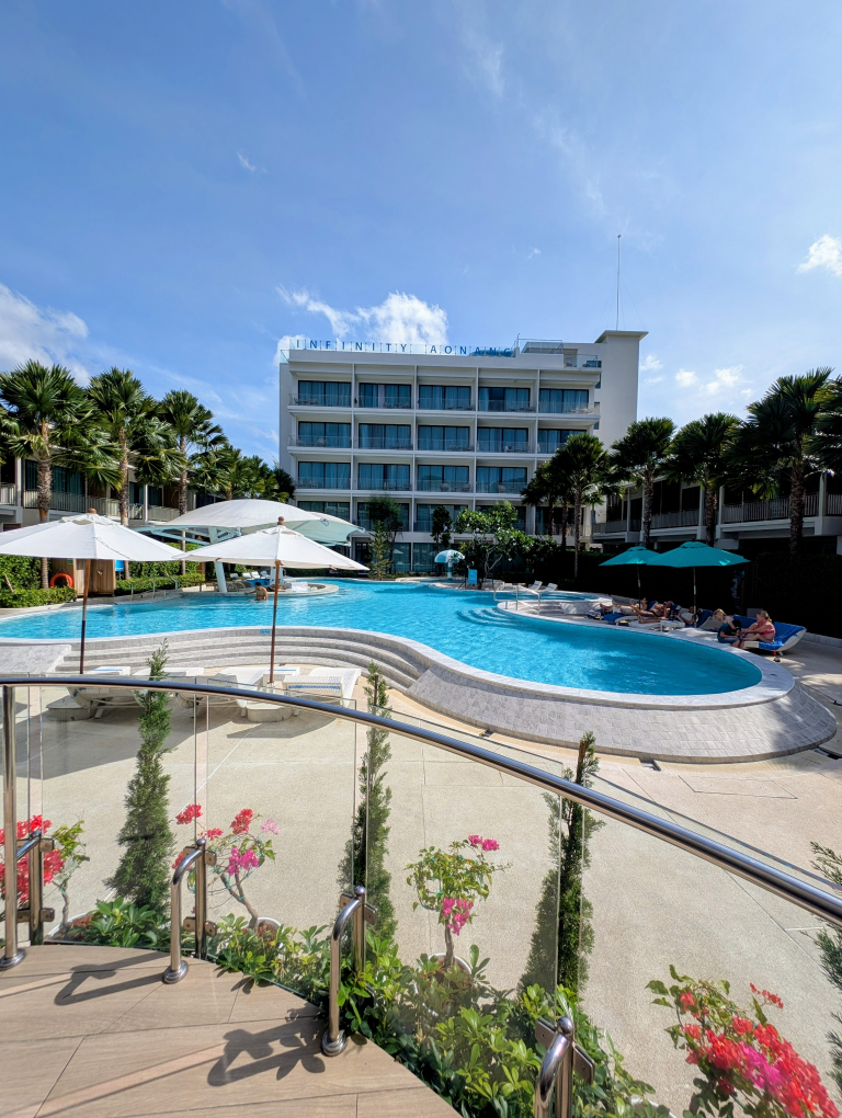 Blick auf die Hotelanlage mit dem großen Pool in der Mitte.