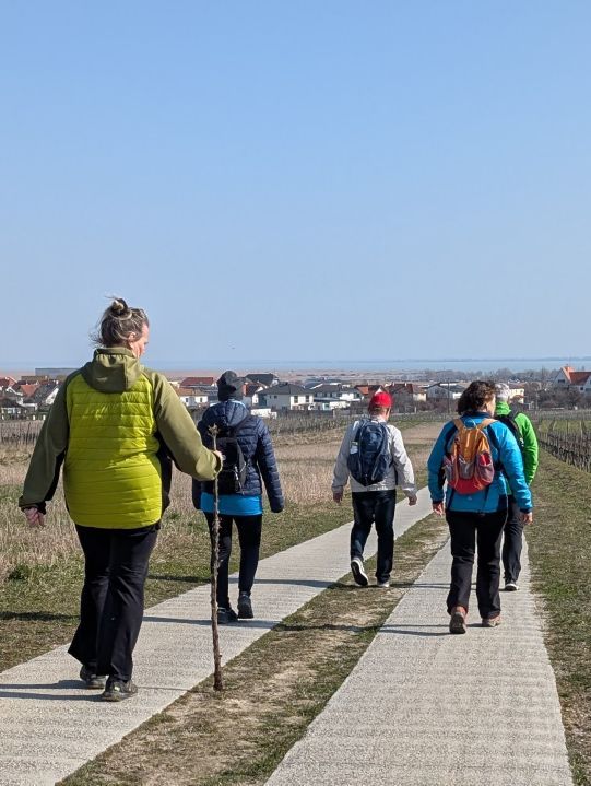 Wandergruppe von hinten. Die letzte Frau hat einen Spazierstock.