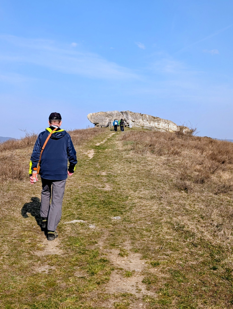 Mann von hinten, wie er auf einen großen Felsen zugeht.