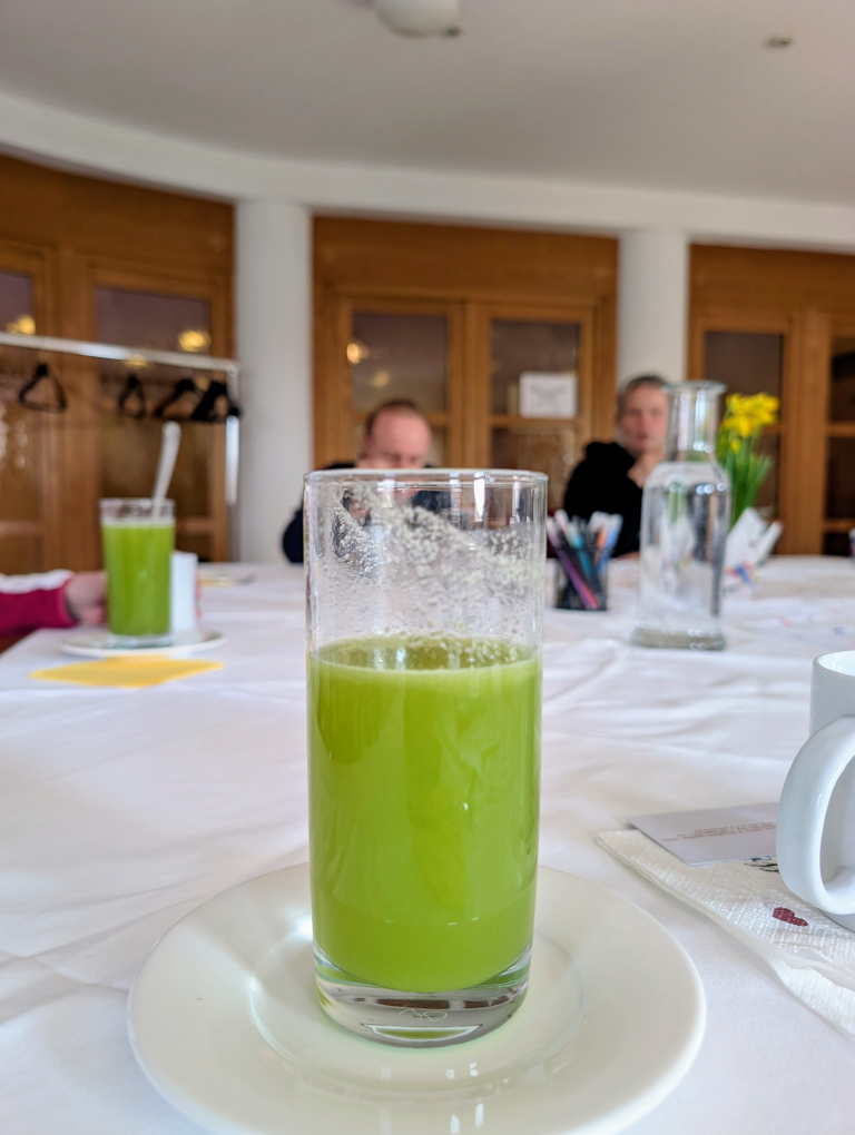 Ein Glas mit einem grünen Saft