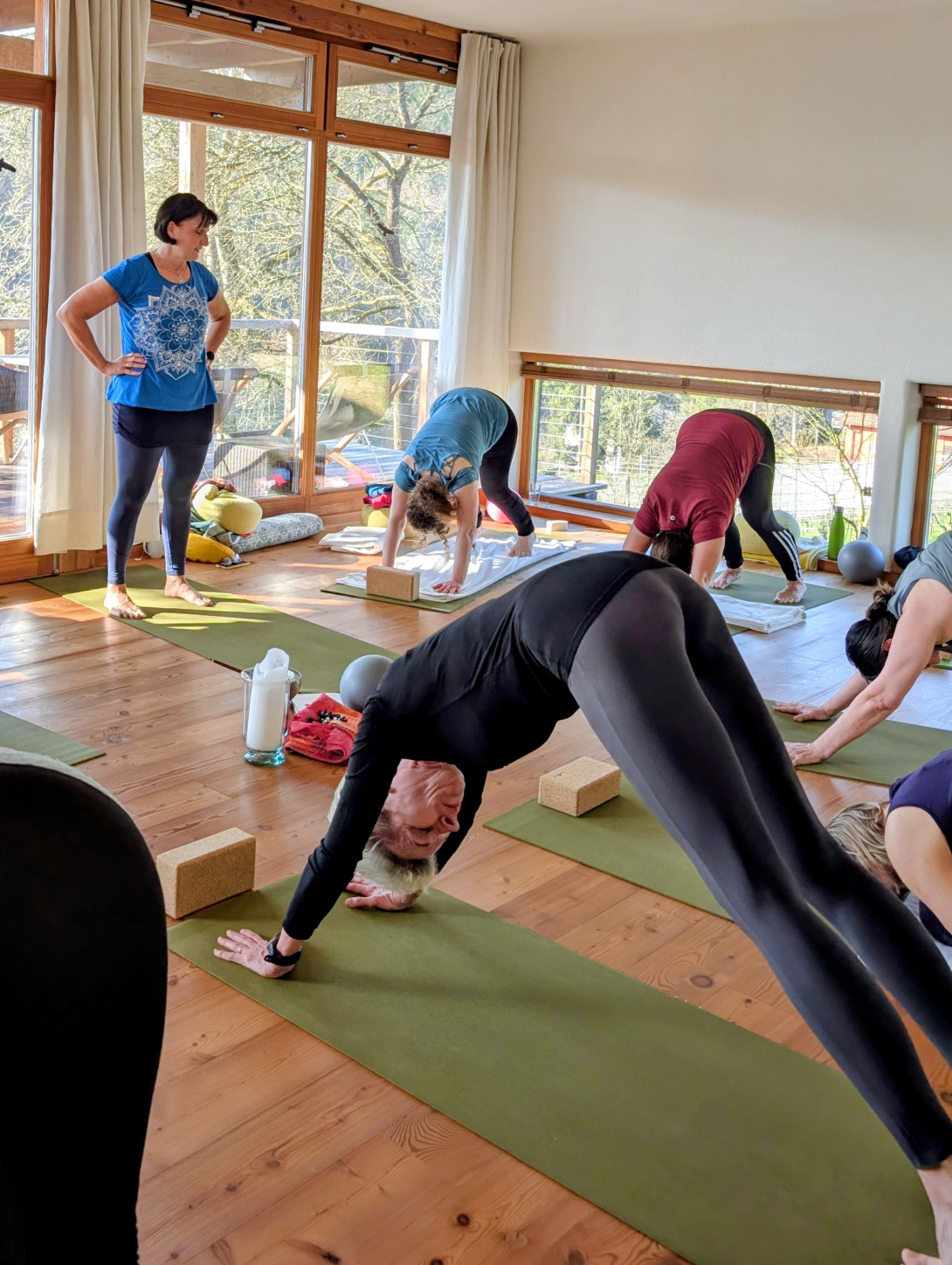 Sabine schaut auf die Yoga-Gruppe, die sich gerade im hinabschauenden Hund befindet.