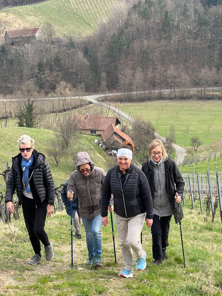 Wandergruppe geht eine sehr steile Wiese hinauf