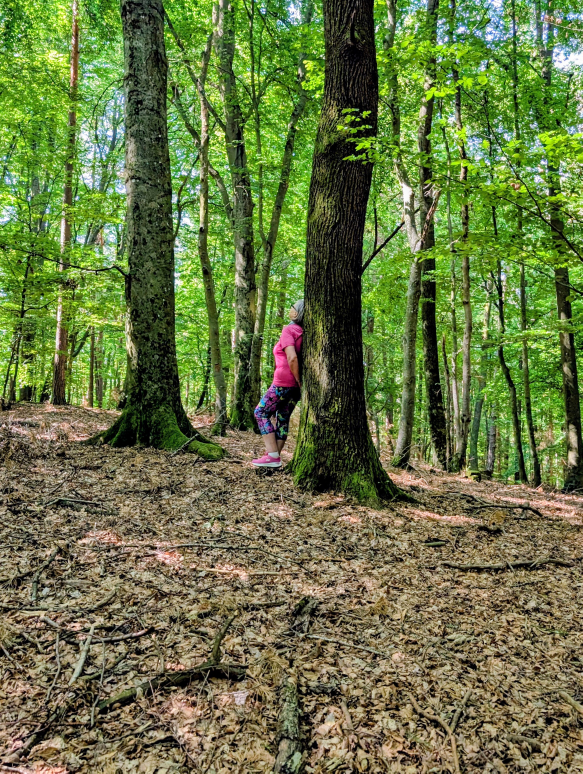 Frau lehnt mit dem Rücken an einem Baum