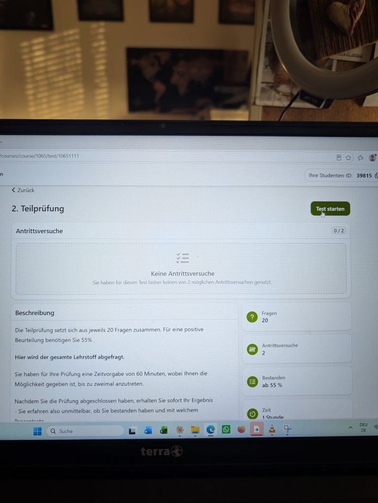 Bildschirm - Starten der 2. Teilprüfung
