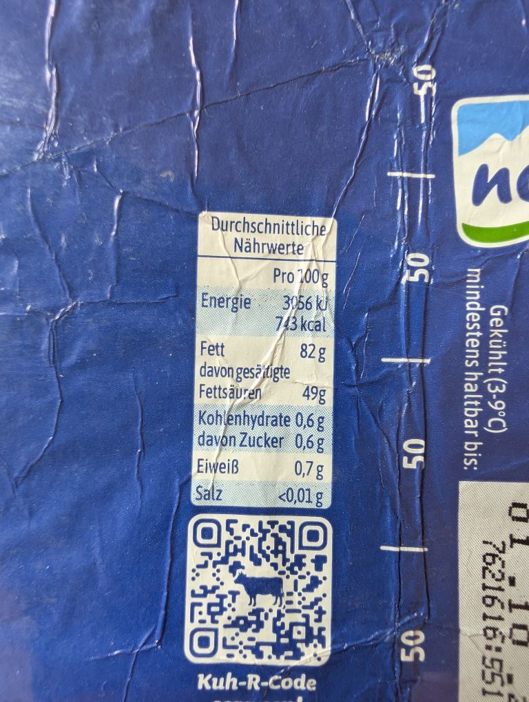 Foto einer Butter-Verpackung: Nährwertabelle